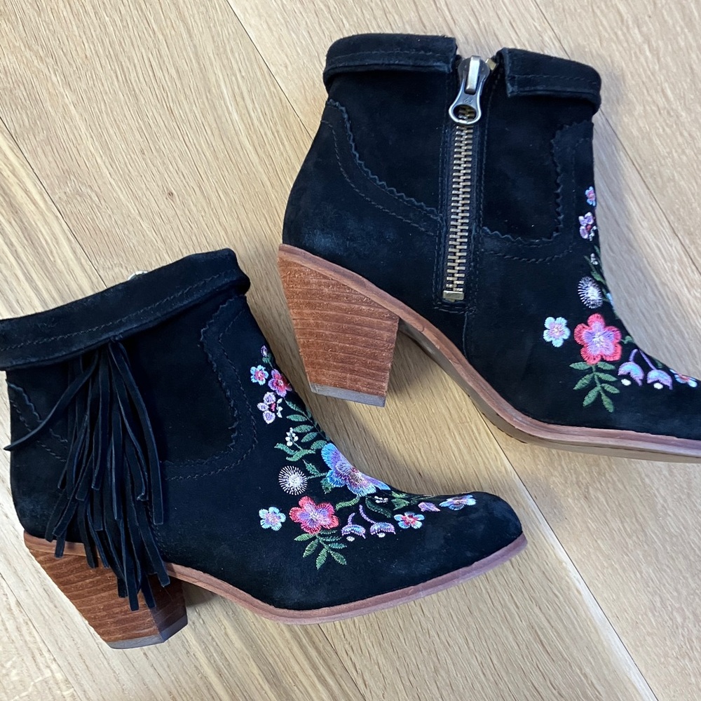 Sam Edelman Embroidered Floral & Fringe Suede Ankle Boots